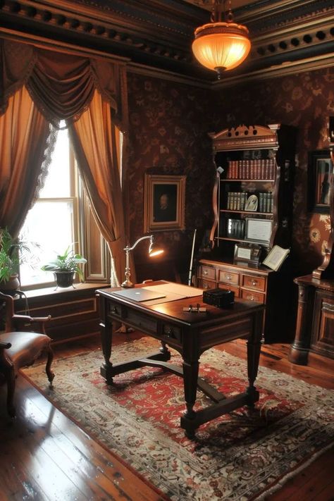 Victorian Style Study, Victorian Desk Aesthetic, Owencore Aesthetic, New Construction Home Ideas Interiors, Victorian Interior Design 19th Century, Victorian Office Decor, Windows Types, Victorian Home Office, New Construction Home Ideas