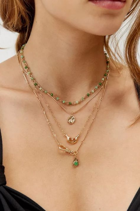 Kayla Layering Necklace Set | Urban Outfitters Necklaces Stacked, Summer 2024 Fashion, Stacked Rings, Dainty Necklaces, Layered Necklace Set, Fashion Institute, Pendant Choker, Layered Chains, Layering Necklace