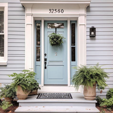 The 10 Best Door Colors for Gray Houses Light Gray House Blue Door, Gray House Door Color, Grey Cottage Exterior, What Color Door With Gray House, Front Door Color For Gray House, Grey House Front Door Color, Gray House Front Door Color, Light Grey House Exterior, Front Door Colors For Gray House