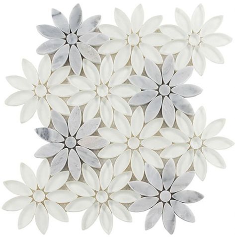 Bouquette Series from Glazzio Tile. Love it? Visit our showroom to see it in person or visit our website to start your remodel today! https://buildersflooringanddesign.com/ Water Jet Tile, Metal Mosaic Tiles, Daisy Field, Flower Tile, Mosaic Wall Tiles, Glass Mosaic Tiles, Tile Samples, Stone Mosaic, Glass Mosaic