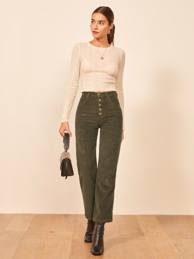 Check out the Austin Pant from Reformation Styling Curdoroy Pants, High Rise Cropped Jeans Outfit, Curdoroy Outfit Womens, Olive Corduroy Pants Outfit, Olive Green Corduroy Pants Outfit, Olive Green Wide Leg Pants Outfit, Green Corduroy Pants Outfit, Corduroy Pants Outfit, Jeans Heels Outfit