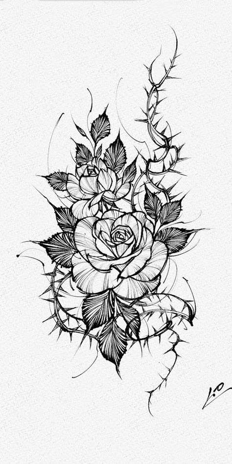 Corsage Tattoo, Thorns And Roses Tattoo, Dark Rose Tattoo Cover Up, Rose Tattoo Design Sketches, Cabbage Rose Tattoo, Flower Drawing Tattoo, Gothic Rose Tattoo, Roses Tattoo Design, Gothic Flowers Tattoo