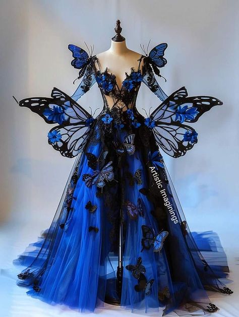 Butterfly Moodboard Fashion, Butterfly Dress Gowns, Butterfly Moodboard, Butterfly Ball Gown, Purple Butterfly Dress, Design Dress For Women, Blue Fairy Costume, Butterfly Gown, Junk Kouture