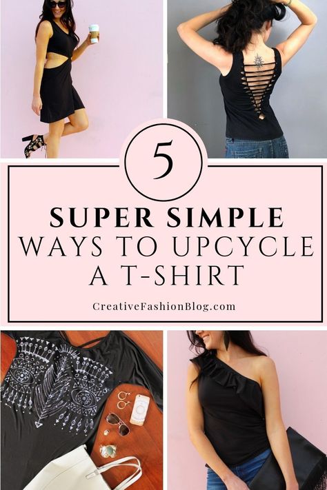 5 Easy DIY t shirt upcycle ideas to refashion and repurpose your old t shirts. No sew crafts to recycle your closet by Creative Fashion Blog #refashion #upcycle #repurpose Shirt Upcycle Ideas, Tshirt Diy Upcycle, No Sew Crafts, Upcycle T Shirts, Tshirt Dress Diy, Shirt Upcycle, Cut Shirt Designs, T Shirt Upcycle, Sew Crafts