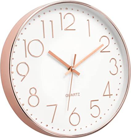 Foxtop Modern Wall Clock 12 Inch Non-Ticking Silent Battery Operated Round Quartz Rose Gold Gold Office Accessories, Rose Gold Office, Kids Wall Clock, Gold Wall Clock, Gold Office, Living Room Clocks, Clocks Back, School Decor, Rose Gold Frame