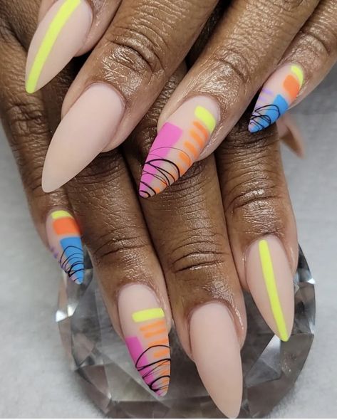 Vacations Nails Acrylic, Fun Summer Nails Short Square, Beach Nails Vacation Almond, Summer Nails 2024 Coffin, Funky Nail Art Trendy Summer, Spring Nail Designs Almond Shape, Trendy Spring Nails 2024 Almond, Fun Almond Nails Art Designs, Fun Spring Nails 2024