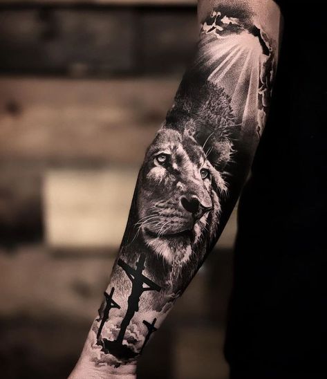 Jesus Tattoo Sleeve, Religious Tattoo Sleeves, Lion Forearm Tattoos, Tiger Tattoo Sleeve, Arm Sleeve Tattoos For Women, Heaven Tattoos, Christian Sleeve Tattoo, Lion Tattoo Sleeves, Mens Lion Tattoo