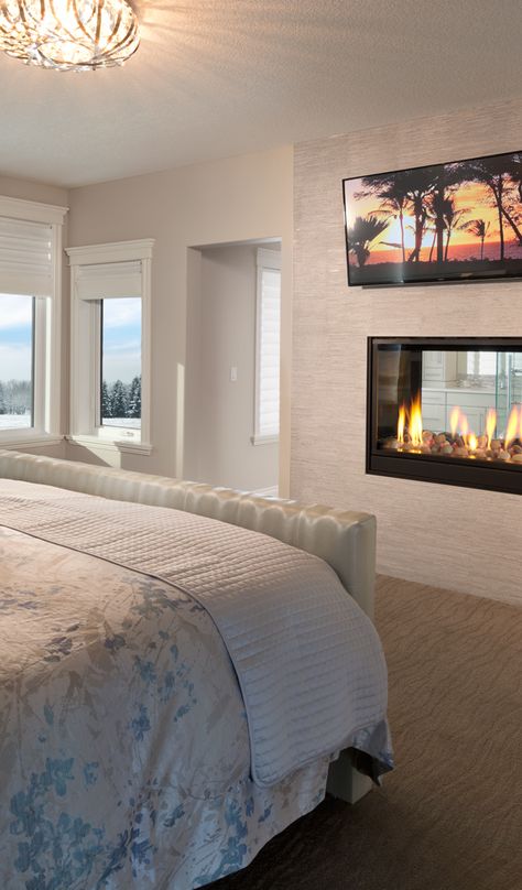 Luxury master bedroom with a 2-way gas fireplace and flat screen TV Bedroom Ideas With Tv, Tv On Wall, Bedroom With Fireplace, Master Suite Remodel, Flat Screen Tv, Bedroom Fireplace, Bedroom Color, Luxury Bedroom Master, Beautiful Bedroom