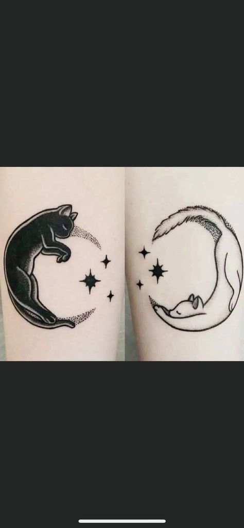 Kitty, yin yang, moon, stars, cat tattoo Star Sleeve Tattoo, Cat Yin Yang, Cat Lover Tattoo, Pet Memorial Tattoo, Partner Tattoos, Yin Yang Tattoo, Ying Yang Tattoo, Twin Tattoos, Matching Friend Tattoos