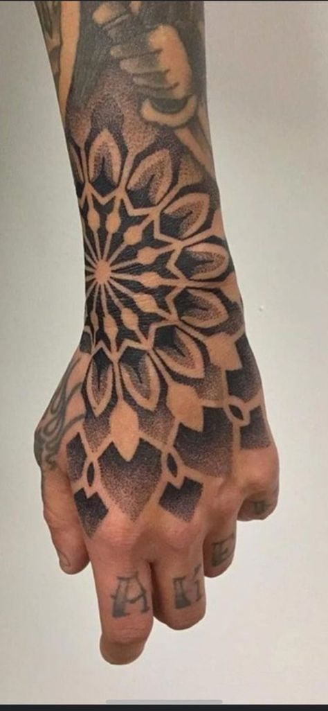 Hand Tattoo Mandala Men, Mandela Tattoo Hand, Dot Work Hand Tattoo, Male Hand Tattoos Ideas, Pattern Hand Tattoo, Hand Mandala Tattoo, Dot Art Tattoo, Mandala Hand Tattoo, Wrist Hand Tattoo