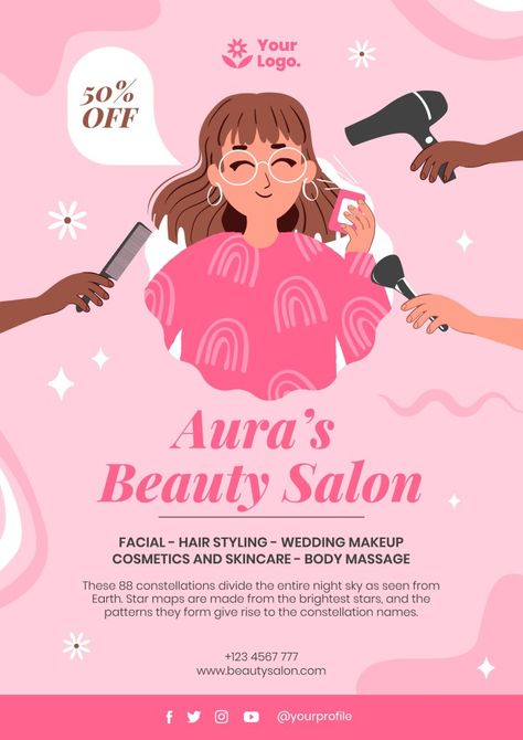 Salon Poster Ideas, Advertisement Poster Drawing, Hair Salon Poster Design, Beauty Salon Poster Design, Hair Salon Poster, Salon Advertising Ideas, Y2k Designs, Drawn Hair, Beauty Salon Posters