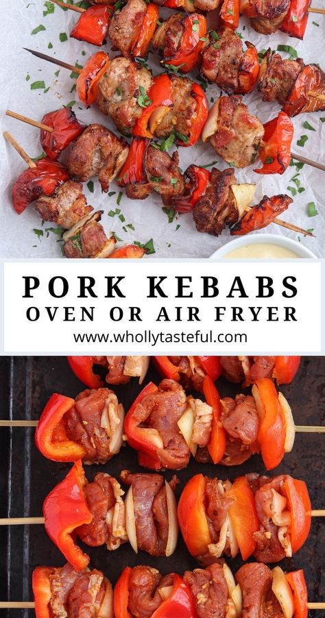 pork kebabs before and after cooking. Air Fryer Pork Souvlaki, Kebabs In Air Fryer, Pork Kabobs In Air Fryer, Air Fryer Shish Kabob, Pork Kebabs In The Oven, Air Fryer Kabobs, Maple Dipping Sauce, Kabobs Recipes, Shishkabobs Recipe