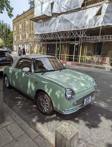 Old Fashioned Cars Vintage, Figaro Car Nissan, Nissan Figaro Aesthetic, Small Cars Aesthetic, Small Car Aesthetic, Green Car Aesthetic, Mint Green Car, Sage Green Car, Old Fashion Cars