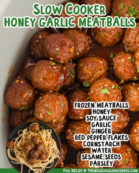 Slow Cooker Honey Garlic Meatballs Meatballs Sauce Recipe, Garlic Meatballs, Honey Garlic Meatballs, Slow Cooker Enchiladas, Slow Cooker Salisbury Steak, Crock Pot Potatoes, Crock Pot Food, Honey Garlic Sauce, Slow Cooker Meatballs