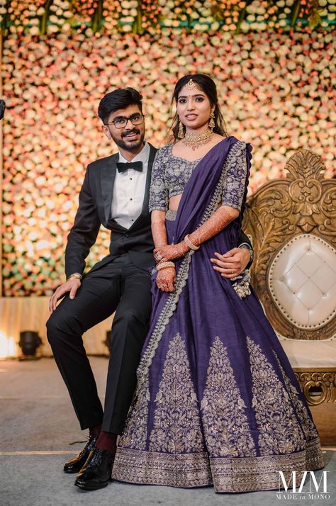 south indian couple at their engagement Tamilnadu Reception Dress, Couples Stage Wedding, Wedding Reception Couple Dress Indian, Tamil Reception Outfit, Wedding Dresses For Couple, Groom Reception Outfit Indian Suit, Reception Outfit For Couple, Reception Stills Couples, Marriage Reception Dress Indian