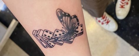 Domino Butterfly Tattoo, Butterfly Domino Tattoo, Domino Effect Tattoo, Butterfly Tattoo Forearm, Domino Tattoo, Butterfly Effect Tattoo, Custom Tattoos, Hand Tattoos For Girls, Tattoo Forearm