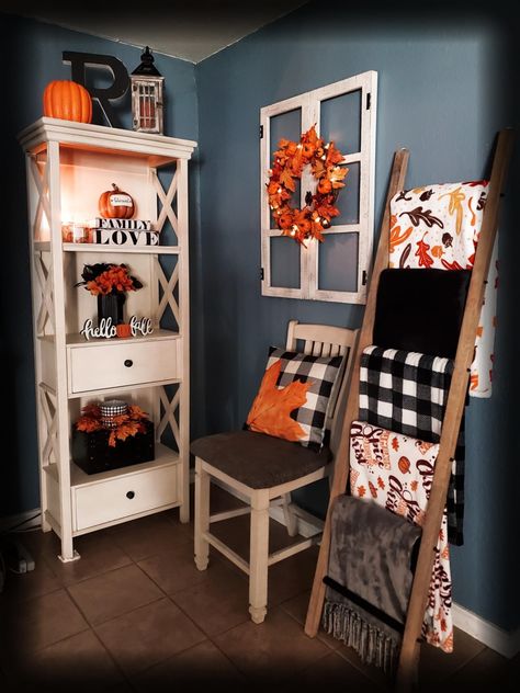 Fall Blanket Ladder Decor, Fall Blanket Ladder, Decorating 2023, Decorative Ladders, Farmhouse Dinnerware Sets, Blanket Ladder Decor, Farmhouse Dinnerware, Hutch Decor, Fall Blanket