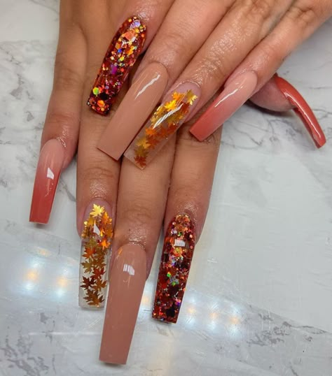 Fall Nails Square Long, Fall Acrilyc Nails, Long Nail Designs Fall, Maroon And Orange Fall Nails, Fall Nails Extra Long, Autumn Nail Ideas Acrylic, Fall Nails Ideas Autumn Square, Extra Long Fall Acrylic Nails, Pumpkin Spice Nails Acrylic