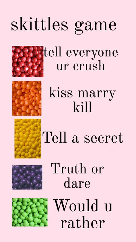 Skittles Truth Or Dare, Sleepover Crush Games, Skittles Challenge, M And M Game, Skittles Game For Teens, Fun Games For Teenagers, Skittles Game, Fun Sleepover Activities, Good Truth Or Dares