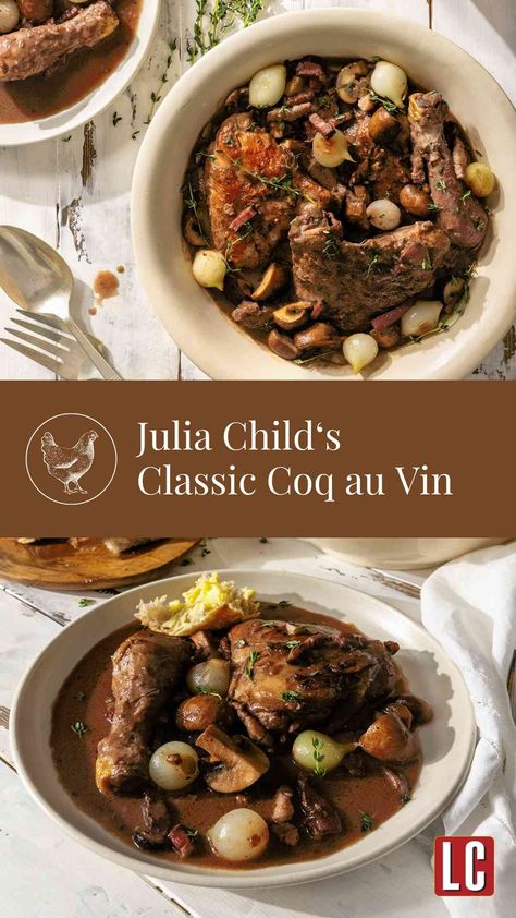 Coq au vin, aka chicken soused in wine, is a French classic that exists in countless incarnations. This rich, soulful riff is from Julia Child. Coq Au Vin Recipe, The Art Of French Cooking, Julia Childs, Julia Child Recipes, French Classic, Supper Recipes, French Cooking, Best Chicken Recipes, Julia Child