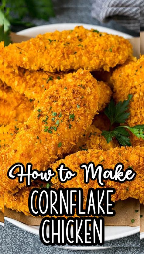 Healthy Cornflake Chicken, Cornflake Coated Chicken, Baked Chicken Corn Flakes Recipes, Baked Cornflake Chicken Tenders, Cornflake Ranch Chicken, Crispy Chicken Breading, Corn Flake Crusted Chicken, Cornflake Fried Chicken, Corn Flake Chicken Baked