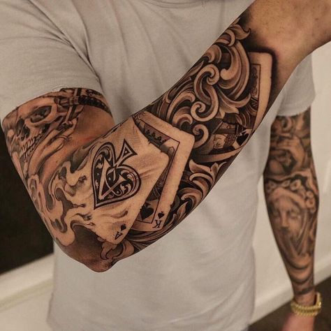 Poker Tattoo, Playing Card Tattoos, Tattoo Sleeve Filler, Tattoo Filler, Girls With Sleeve Tattoos, Forearm Sleeve Tattoos, Tattoos Geometric, Arm Sleeve Tattoos, Card Tattoo