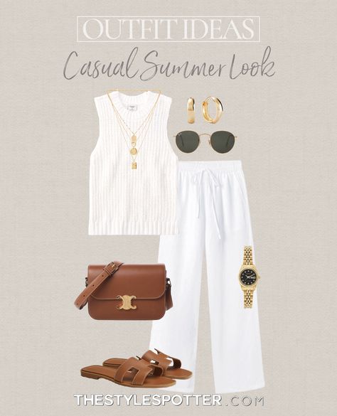 Basic Summer Outfits Minimal Chic Casual, Summer Retreat Outfits, Summer Outfits Linen, Coastal Chic Outfit Summer, Linen Vacation Outfits, Linen Summer Outfits Women, Casual White Shell For Summer, Casual White Summer Shell, Orlando Outfits