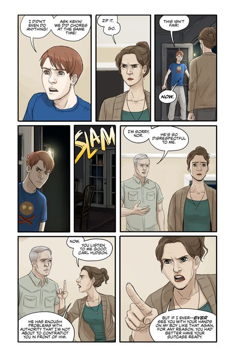 the wilde life comic by Pascalle Lepas. The style of drawing characters has realistic proportions. The layout of the panels is very orderly and simple. There is a strong attention to details in the background but especially in the emotions that show through in the faces of the characters. The artist takes an artists approach to this comic, especially as seen in some of the other pages with the shading, detail of placement of characters within the background as well as the frame. Wilde Life Comic, Teenage Werewolf, Drawing Characters, Life Comics, Bearded Man, Web Comics, The Emotions, The Ghost, Drawing Tips