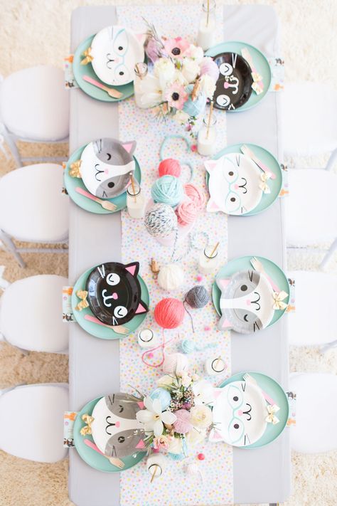 Long table for kids birthday parties | Cat Themed 2nd Birthday PAW-ty - Perfete   #kids #kidsparty #kidspartyideas #birthday #birthdayparty Kitten Birthday Party, Cat Themed Parties, Cat Themed Birthday Party, Kitten Party, Kitten Birthday, Cat Birthday Party, Cat Themed, 6th Birthday Parties, Cat Party