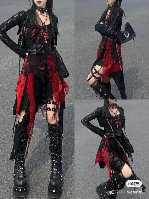 Fish Net Tops Outfit, Punk Fashion Inspiration, Darkly Inclined, Style With Corset, Fire Outfits Aesthetic, Vkei Inspired Outfits, Alternative Street Style, Red And Black Y2k Outfits, Red Fashion Aesthetic