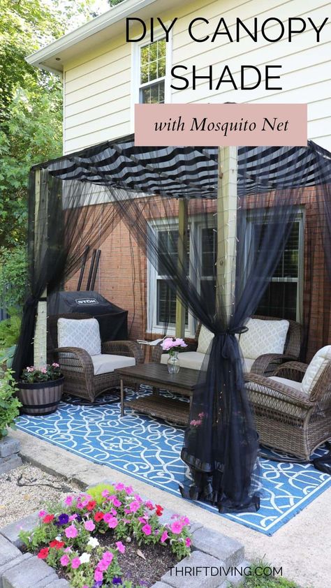 How to Make a DIY Canopy Shade with Mosquito Net for the Patio! - Thrift Diving Diy Patio Cover, Deck Shade, Pergola Diy, Outdoor Patio Ideas, Diy Canopy, Diy Shades, Outdoor Patio Space, Diy Porch, Patio Canopy