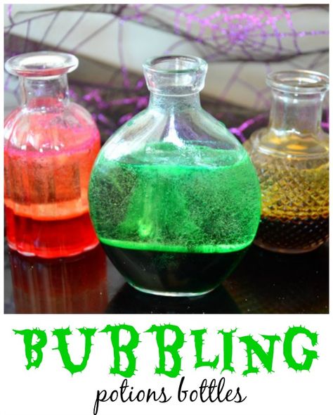 Create bubbling potion bottles for a fun experiment for the kids this Halloween. Potion Bottle Centerpieces, Potion Liquid Diy, Halloween Potion Experiment, Diy Potion Bottles Halloween Liquid, Potion Mixing For Kids, Diy Potion Recipes, Shimmer Potion Diy, Color Changing Potion Diy, Potion Bottle Crafts