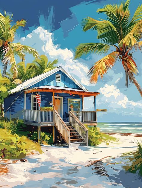 Beach House Illustration, Beach House Drawing, Painting Of A House, House On The Beach, Acrylic Portrait Painting, Ant Killer, Watercolor Art Landscape, Caribbean Art, Black Art Painting