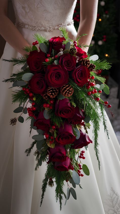 Stunning Cascading Red Rose Bouquet Christmas Cascade Bouquet, Bridal Bouquet Christmas Wedding, Red Cascade Bridal Bouquet, Christmas Bridal Bouquet Winter Bride, Wedding Bouquets Waterfall, Red Calla Lily Bouquet, Winter Flowers For Wedding, Red Green Wedding Theme, Christmas Wedding Bridal Bouquets