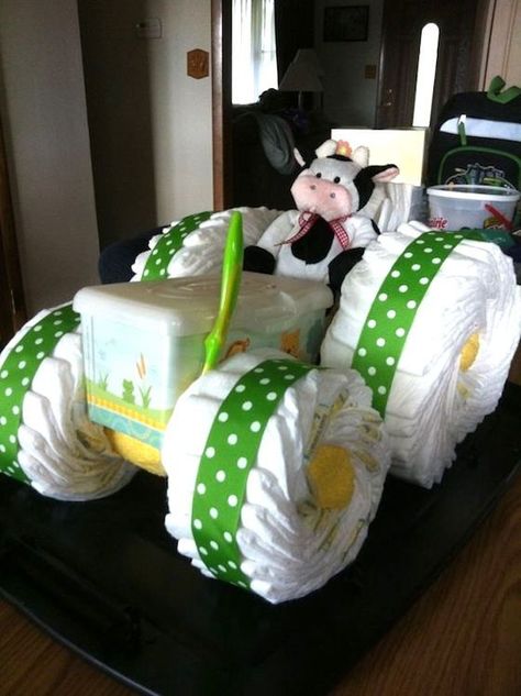 John Deer Tractor Diaper Cake by ladonna Diaper Tractor, Diaper Gifts, Idee Babyshower, Baby Shower Crafts, Baby Shower Diaper Cake, Diy Baby Shower Gifts, Diy Bebe, Baby Diaper Cake, Cadeau Baby Shower