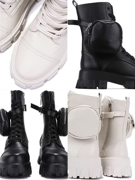 Step into fashion-forward style with combat boots with pouch! These boots are the perfect blend of chic and edgy, designed with durable leather and comfortable rubber soles. The attached pouch adds a trendy utility touch, perfect for storing your essentials on the go. Take your look to the next level with these versatile and stylish boots. #Prada #CombatBoots #FashionFootwear #UtilityStyle #TrendyBoots #EdgyFashion #LeatherBoots #RubberSoles #FashionForward #VersatileStyle Boots With Pouch, Combat Boots For Women, Boots Prada, Trendy Boots, Stylish Boots, Chunky Block Heels, Boots For Women, Platform Boots, Edgy Fashion