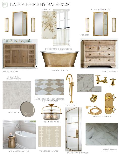 Master Bath Mood Board 2023, Modern Rustic Primary Bathroom, Vintage Primary Bathroom, Master Bath Transitional Style, Designer Master Bath, French Country Primary Bathroom, Classic Master Bathrooms, Colonial Chic Bathroom, European Farmhouse Aesthetic