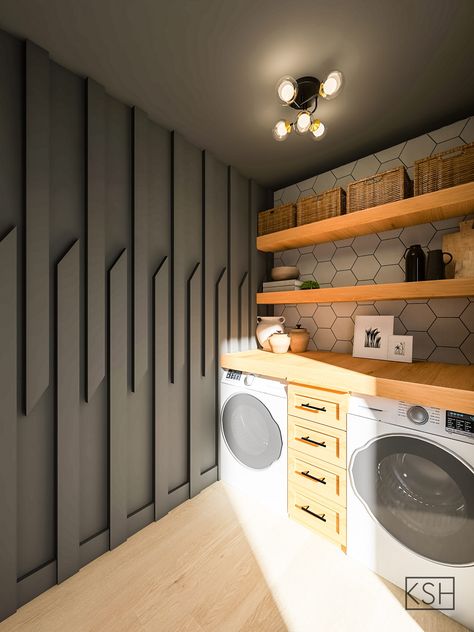 Our Laundry Room Makeover Plans — Kayla Simone Home Mid Century Modern Laundry, Mid Century Laundry Room, Mid Century Laundry, Cheap Bookcase, Modern Laundry Room, Closet Transformation, White Laundry Rooms, Modern Laundry, Laundry Room Closet