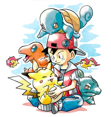 1996, Jumbo Carddass and Carddass set, Red with the Kanto starters and Pikachu, art by Ken Sugimori, enhanced from a scan. Pokemon Official Art, Red Pokemon, Old Pokemon, Pokemon Official, Arte Doodle, Pokemon Poster, Pokemon Manga, Pokemon Red, Original Pokemon