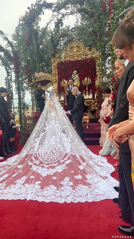 Kourtney Kardashian's Virgin Mary Design in Her Veil Kourtney Outfits, Kourtney Kardashian Wedding, Kourtney Kardashian And Travis, Kardashian Wedding, Boda Mexicana, Weddings By Color, Catholic Wedding, Dream Wedding Ideas Dresses, Mexican Wedding