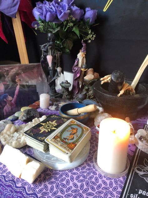 wizard, witch, witchcraft, altar, altar space, sacred space, spirituality, spiritual, spiritual altar, crystals, pendulum, mortar and pestle Hippie Witch Aesthetic, Witchcraft Aesthetic, Tarot Altar, Witch Board, Altar Ideas, Witchcraft Altar, Altar Arrangement, Witch Vibes, Witchy Aesthetic