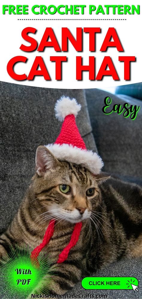 Cat Hat Pattern, Cat Santa Hat, Santa Hat Pattern, Crochet Santa Hat, Chat Diy, Crochet Cat Hat, Hat Patterns Free, Crochet Santa, Bonnet Crochet