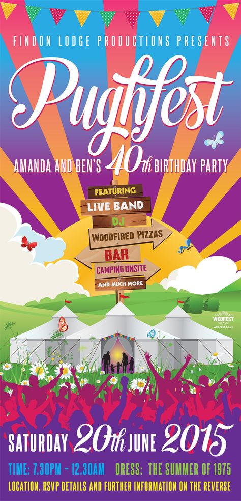 Festival Themed 40th Birthday Invite http://www.wedfest.co/festival-themed-40th-birthday-party-invite/ Festival Party Invitation, Festival Template Design, Music Festival Themed Party, Festival Invite, Festival Style Party, 40th Birthday Invite, Festival Invitation, Festival Themed Party, Festival Themed Wedding