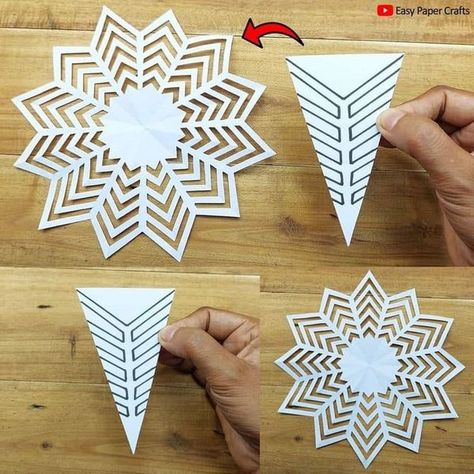 Snowflake Step By Step, Snöflingor I Papper, Snowflake Origami, Paper Christmas Crafts, Paper Snowflake Designs, Paper Flowers Easy, Paper Snowflake Template, Paper Snowflakes Diy, Paper Flowers Diy Easy