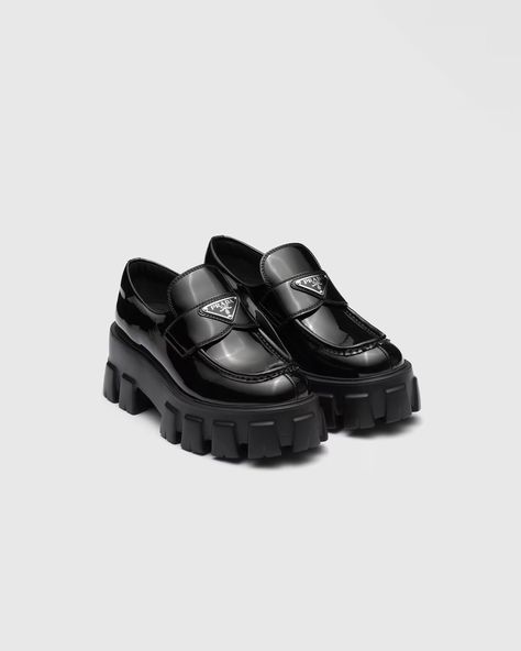 Black Monolith patent leather loafers | PRADA Prada Monolith, September Mood, High Heel Loafers, Prada Collection, Loafer Shoes Women, Patent Leather Loafers, Devil Wears Prada, Patent Leather Shoes, Penny Loafer