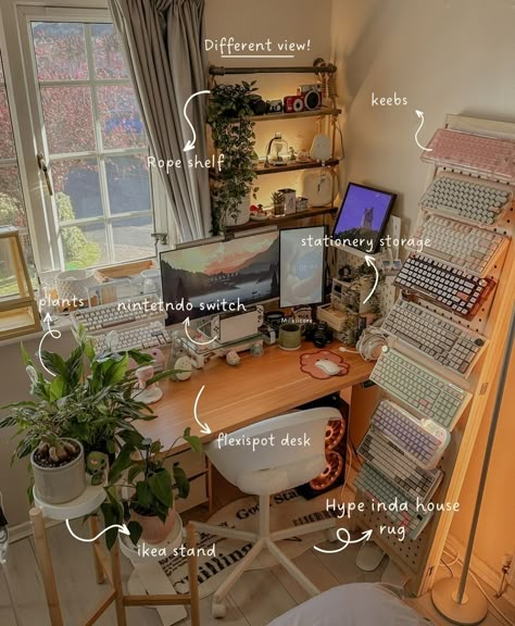 Small Space Pc Setup, Decorating Work Desk, Craft Table Set Up, Boho Pc Setup, Desk Setup In Front Of Window, Cottagecore Desk Setup, Computer Set Up, Study Desk Inspiration, Cintiq Setup