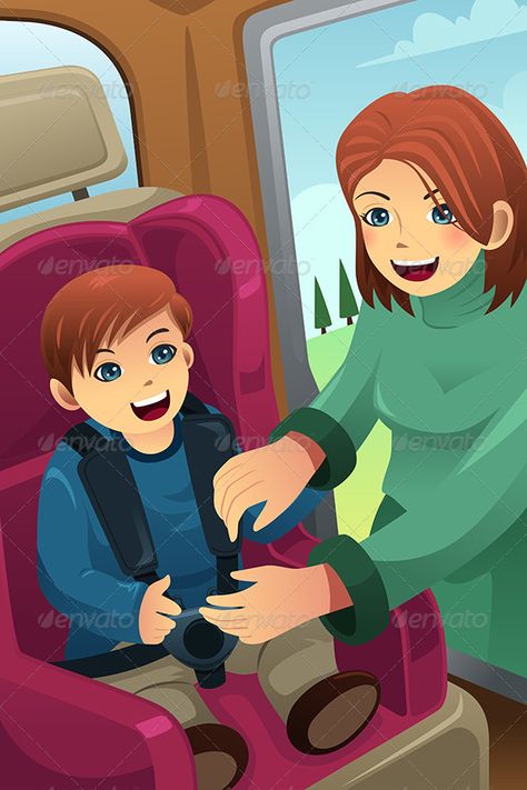 Mother Putting on Seatbelt for her Son Castle Vector, Dance Vector, Child Safety Seat, Family Vector, Drawing Competition, Fish Vector, Kids Vector, Lion Dance, Child Car Seat