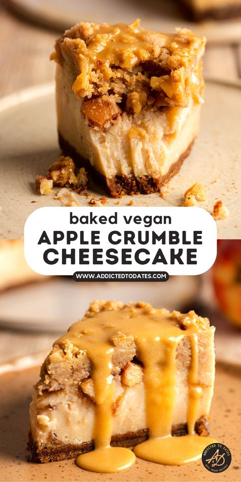 Vegan Apple Crumble Cheesecake, Vegan Apple Cheesecake, Vegan Crumble Topping, Eggless Cheesecake Recipes, Vegan Apple Desserts, Vegan Apple Crumble, Apple Crumble Cheesecake, Vegan Crumble, Vegan Thanksgiving Dessert