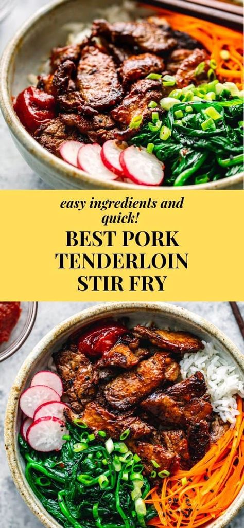 So easy, quick, and delicious! If you are looking for easy pork tenderloin recipes, looking no further! You only need to cook this pork loin in about 5-6 minutes in a skillet! This Asian Pork Tenderloin Stir Fry is so juicy, tender, and flavorful! It's something that your kids will love because of its sweet flavor! #pork #tenderloin #stirfry #asianrecipes #recipes Best Pork Tenderloin, Easy Pork Tenderloin Recipes, Asian Pork Tenderloin, Asian Bowl, Easy Pork Tenderloin, Pork Stir Fry Recipes, Asian Bowls, Recipe Cheesecake, Pork Sauce