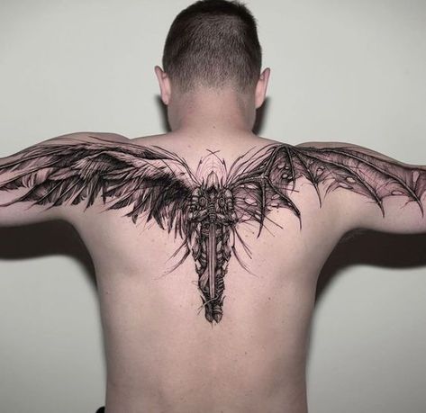 Explore the enchanting world of wings tattoos! Dive into symbolic meanings, diverse styles, and personal stories, all woven into every delicate feather! Back Tattoos For Guys Upper, Tattoo Wings, Wing Tattoos On Back, Wing Tattoo Men, Ram Tattoo, Archangel Tattoo, Upper Back Tattoos, Back Piece Tattoo, Wing Tattoo Designs